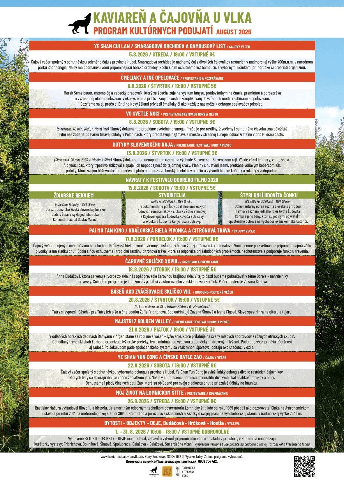 Program v Kaviarni a čajovni U Vlka august